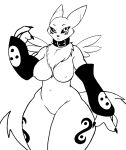  armwear big_breasts black_and_white black_sclera breasts bridal_gauntlets chest_tuft claws clothing collar digimon featureless_crotch female jeffthehusky long_tail markings monochrome navel nipples renamon solo standing thick_thighs tuft wide_hips 