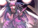  1girl black_nails commentary_request cowboy_shot danganronpa dated ear_piercing electric_guitar english_text eyebrows_visible_through_hair gloves guitar happy_birthday highres holding holding_microphone instrument jellicle341 long_hair microphone microphone_stand mioda_ibuki mismatched_gloves multicolored_hair music nail_polish open_mouth piercing pink_eyes pink_skirt school_uniform serafuku shirt short_sleeves singing skirt solo super_danganronpa_2 translation_request white_shirt 