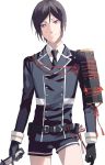  armor black_gloves black_hair gloves holding holding_sword holding_weapon japanese_armor male_focus military military_uniform necktie okki2012 purple_eyes shorts shoulder_armor single_pauldron sode solo sword tantou touken_ranbu uniform weapon yagen_toushirou 