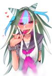  1girl black_nails blurry blush candy commentary_request danganronpa danganronpa_3 ear_piercing eyebrows_visible_through_hair fangs fingernails food food_in_mouth green_wristband heart highres jellicle341 jewelry licking lip_piercing lollipop long_hair mioda_ibuki multicolored_hair nail_polish necklace piercing pink_neckwear red_heart sailor_collar school_uniform shirt short_sleeves signature simple_background solo super_danganronpa_2 tongue tongue_out upper_body white_background white_shirt wristband 