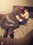  bed boxers_(clothing) breasts canine clothing cuddling duo fangs female fluffy fluffy_hair glowing glowing_eyes human larger_female male male/female mammal mane mostly_nude muscular muscular_male nude on_bed patto sharp_teeth size_difference smaller_male teeth underwear were werewolf 