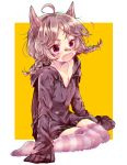  ahoge animal_ears bad_id bad_pixiv_id bandaid bandaid_on_nose bangs black_hoodie blush braid breasts brown_hair cleavage collarbone drawstring eyebrows_visible_through_hair fang highres hood hood_down hoodie long_sleeves low_twintails naoton open_mouth original oversized_clothes purple_eyes sitting sleeves_past_fingers sleeves_past_wrists small_breasts solo striped striped_legwear thighhighs twin_braids twintails two-tone_background wariza white_background wolf_ears yellow_background 