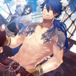  abs armor aya_(pixiv73672) beard black_hair blue_hair bracelet character_name collarbone copyright_name cosplay costume_switch cu_chulainn_(fate/prototype) cu_chulainn_(fate/prototype)_(cosplay) earrings edward_teach_(fate/grand_order) edward_teach_(fate/grand_order)_(cosplay) facial_hair fate/grand_order fate/prototype fate_(series) fingerless_gloves fur_trim gloves grin jewelry long_hair looking_at_viewer male_focus multiple_boys mustache one_eye_closed ponytail red_eyes shirtless smile 