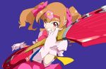  aisaki_emiru bow bowtie brown_hair clenched_teeth electric_guitar gloves graphite_(medium) guitar hair_ribbon hairband hugtto!_precure instrument pink_eyes plectrum precure purple_background ribbon short_hair simple_background solo teeth traditional_media twintails umanosuke 