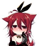  ahoge animal_ears black_bow blush bow bowtie chibi commentary_request dated detached_collar ears_down flying_sweatdrops fox_ears fox_tail hair_between_eyes hair_bow heart konshin looking_at_viewer nose_blush opera_the_vermelho original red_eyes red_hair signature simple_background solo spoken_heart tail white_background 