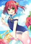  :d bangs blue_sailor_collar blue_sky blue_swimsuit blush cloud covered_navel day dutch_angle eyebrows_visible_through_hair fang flower food green_eyes hair_between_eyes hair_flower hair_ornament hanamiya_natsuka holding holding_food holding_innertube horizon ice_cream innertube long_hair looking_at_viewer old_school_swimsuit one-piece_swimsuit open_mouth original outdoors pink_innertube red_eyes red_flower sailor_collar school_swimsuit sexually_suggestive sky smile solo strap_slip swimsuit thighhighs transparent twintails white_legwear yellow_flower 