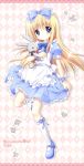  2013 ace_of_clubs ace_of_diamonds ace_of_hearts ace_of_spades alice_(wonderland) alice_in_wonderland apron black_coat blonde_hair blue_bow blue_dress blue_eyes blue_footwear blue_neckwear blue_ribbon blue_wristband blush bow bunny card clock_hands club_(shape) commentary_request diamond_(shape) dress hair_bow heart highres holding holding_stuffed_animal long_hair looking_at_viewer nanase_miori necktie playing_card pocket_watch puffy_short_sleeves puffy_sleeves red_neckwear ribbon shoes short_sleeves smile solo spade_(shape) star starry_background stuffed_animal stuffed_bunny stuffed_toy watch white_apron white_legwear white_rabbit wristband 