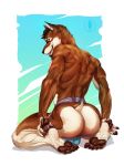  2017 anthro arched_back black_nose brown_fur bulge butt canine clothed clothing drew_dubsky fur grin hair jockstrap kneeling looking_at_viewer looking_back lytta_the_bug male mammal multicolored_fur muscular muscular_male naughty_face partially_clothed pose presenting presenting_hindquarters rear_view seductive smile smirk smug solo teeth two_tone_fur underwear 