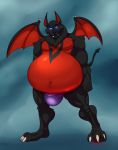  2018 3_toes 5_fingers anthro bat biceps black_fur black_nose black_skin blue_background blue_eyes bulge clothing digitigrade fist fur hungothenomster looking_at_viewer male mammal membranous_wings multicolored_fur multicolored_skin musclegut muscular_thighs neck_tuft raised_eyebrow red_fur red_skin sharp_teeth simple_background slightly_chubby small_wings snout solo standing teeth tight_underwear toes tuft two_tone_fur two_tone_skin underwear wings 