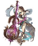  aqua_eyes asymmetrical_clothes bare_shoulders bow_(instrument) brown_hair cage cello flat_chest full_body gretel_(sinoalice) hansel_(sinoalice) instrument ji_no looking_at_viewer navel official_art revealing_clothes shawl sinoalice smile solo transparent_background 