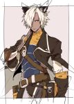  animal_ears belt border commentary dark_skin dark_skinned_male erune eustace_(granblue_fantasy) gloves granblue_fantasy gun hair_intakes hair_over_one_eye holster jacket kaitara_deru over_shoulder rifle signature trim_marks weapon weapon_over_shoulder white_border white_hair 