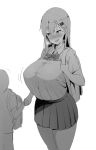  :d alternate_breast_size backpack bag blush bow bowtie breasts breath drooling greyscale hair_between_eyes hair_ornament hairclip heart heart-shaped_pupils highres holding_hands huge_breasts kantai_collection long_hair looking_at_viewer mhs monochrome naughty_face open_mouth pleated_skirt randoseru shaded_face simple_background skirt smile suzuya_(kantai_collection) symbol-shaped_pupils white_background 