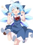  ;d absurdres ahoge blue_dress blue_eyes blue_hair bow cirno commentary_request do_(4-rt) dress eyebrows_visible_through_hair fang hair_bow highres ice ice_wings looking_at_viewer one_eye_closed open_mouth pointing pointing_at_self puffy_short_sleeves puffy_sleeves short_hair short_sleeves simple_background smile solo star touhou white_background wings 