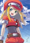  bangs belt belt_buckle blonde_hair blush bodysuit brown_gloves buckle buttons cabbie_hat cloud covered_navel cowboy_shot dated day gloves green_eyes hat highres long_hair looking_to_the_side open_mouth red_hat rockman rockman_dash roll_caskett short_sleeves shorts sidelocks signature sky smile solo spiked_hair sumomo teeth undershirt 