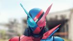  armor blue_sky blurry blurry_background commentary_request depth_of_field facing_viewer fateline_alpha full_armor helmet highres honeycomb_(pattern) kamen_rider kamen_rider_build kamen_rider_build_(series) male_focus outdoors rabbit+tank_form_(best_match) sky solo upper_body 