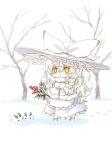  1girl :&lt; albino bare_tree berries boots branch capelet chibi dress expressionless fur_trim hat highres holding_branch karioda kirisame_marisa long_dress mistletoe outdoors snow snow_bunny solo touhou tree wavy_hair white_dress white_footwear white_hair witch_hat yellow_eyes 