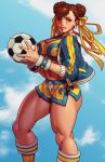  adapted_costume ball bracelet braided_bun breasts brown_eyes brown_hair chun-li cleavage cover_image double_bun earrings hair_ribbon jacket jewelry large_breasts lips looking_at_viewer navel open_clothes open_jacket ribbon robert_porter short_shorts shorts soccer_ball solo spiked_bracelet spikes sports_bra street_fighter tank_top thick_thighs thighs track_jacket 