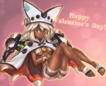  1girl beltbra breasts cape clover commentary dark_skin english_commentary eyelashes floating four-leaf_clover full_body guilty_gear guilty_gear_xrd happy_valentine hat hat_ornament highres legs_together medium_breasts navel orange_eyes outline pauldrons phantom_ix_row platinum_blonde_hair ramlethal_valentine shiny shiny_skin short_shorts shorts solo stomach thigh_strap toeless_legwear toes underboob 