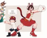  3girls animal_ears armlet bare_shoulders boku_no_hero_academia boots cat_ears cat_paws cat_tail chatora_yawara child closed_eyes commentary crossdressing full_body hat high_heel_boots high_heels izumi_kouta kosu_(10mntl) multiple_boys multiple_girls navel paws peeking_out pose shiretoko_tomoko short_sleeves shorts simple_background skirt sleeveless smile sousaki_shino tail tsuchikawa_ryuuko whisker_markings white_background 