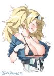  blonde_hair blue_shirt blush breasts buttons cleavage closed_eyes collarbone collared_shirt commentary ebifurya gambier_bay_(kantai_collection) gloves hair_between_eyes hairband highres kantai_collection large_breasts multicolored multicolored_clothes multicolored_gloves open_clothes open_mouth shirt short_sleeves tearing_up twintails 