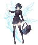  alice_(sinoalice) backpack bag black_hair brown_eyes contemporary energy_sword energy_wings eyebrows_visible_through_hair eyes_visible_through_hair full_body headphones holding_backpack ji_no official_art ribbon school_uniform short_hair sinoalice skirt solo sword thighhighs transparent_background weapon zettai_ryouiki 