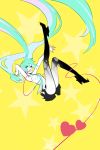  :d absurdly_long_hair bad_id bad_twitter_id bare_arms bare_shoulders black_skirt blue_eyes blue_hair blue_neckwear floating floating_hair full_body hatsune_miku heart high_heels highres leg_up limited_palette long_hair looking_at_viewer maruchi necktie no_armwear open_mouth red_string shirt skirt sleeveless sleeveless_shirt smile solo star string very_long_hair vocaloid yellow_background 