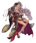  angelic_alphabet blue_eyes cinderella_(sinoalice) curly_hair dark_skin fan full_body japanese_clothes ji_no kimono long_hair long_ponytail off_shoulder official_art paper_fan platform_footwear ponytail purple_hair sandals sinoalice socks solo sword sword_hilt transparent_background weapon 