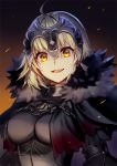  ahoge ahri_(ari_30305) armor armored_dress breasts chain fate/grand_order fate_(series) flag fur_trim headpiece jeanne_d'arc_(alter)_(fate) jeanne_d'arc_(fate)_(all) large_breasts looking_at_viewer open_mouth silver_hair solo yellow_eyes 