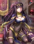  bangle bangs black_hair blunt_bangs bodystocking bodysuit bracelet breasts bridal_gauntlets cape circlet cleavage covered_navel fire_emblem fire_emblem:_kakusei haru_(nakajou-28) jewelry long_hair looking_at_viewer medium_breasts skin_tight smile solo tharja tiara two_side_up 