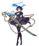  alice_(sinoalice) black_hair chain crossed_legs elbow_gloves eyebrows_visible_through_hair frilled_skirt frills full_body gloves hair_ribbon ji_no looking_at_viewer official_art puffy_sleeves red_eyes ribbon short_hair sinoalice skirt solo sword thighhighs transparent_background watson_cross weapon 