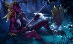 2018 anthro breasts cloth detailed_background digital_media_(artwork) digitigrade dragon feathers female foliage grass horn melee_weapon nipples pharyth redwishy smile solo sword thebigslick tree water weapon 