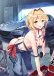 :d ahoge ass bare_shoulders bent_over bikini blonde_hair blush breasts car cleavage commentary_request earrings fate/grand_order fate_(series) gedou_(shigure_seishin) green_eyes ground_vehicle highres holding jewelry large_breasts long_hair looking_at_viewer mazda_rx-8 motor_vehicle nero_claudius_(fate)_(all) nero_claudius_(swimsuit_caster)_(fate) open_mouth overalls side-tie_bikini sideboob smile solo swimsuit teeth thong tools twintails underboob wrench 