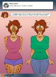  2018 anthro ask_blog big_breasts breast_expansion breasts brown_eyes clothing conditional_dnp dialogue english_text female giraffe jewelry kadath mammal necklace puzzle_(kadath) shorts small_breasts text 