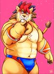  2019 anthro belly blue_eyes blush bulge clothing felid humanoid_hands kamui_shirow lion male mammal moobs musclegut navel nipples pantherine pink_background simple_background solo underwear 