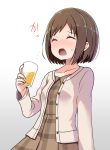  :o ^_^ alcohol bang_dream! bangs blush bob_cut brown_dress brown_hair closed_eyes collarbone commentary_request cup dress drinking_glass drunk eyebrows_visible_through_hair hazawa_tsugumi holding holding_cup long_sleeves nose_blush open_mouth shipii_(jigglypuff) short_hair solo sweatdrop white_cardigan 