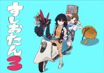  animal bangs black_eyes black_hair blue_background blue_sailor_collar blue_skirt blunt_bangs brown_eyes brown_hair cheese closed_mouth clothed_animal commentary_request dog drop_trap food ground_vehicle gun_case guts_(kill_la_kill) hands_in_pockets hands_up jacket kill_la_kill looking_at_viewer mankanshoku_mako matoi_ryuuko motor_vehicle multicolored_hair multiple_girls pajamas pleated_skirt sailor_collar school_uniform scooter senketsu serafuku short_hair short_sleeves simple_background skirt smile streaked_hair sushio w w_over_eye wristband 