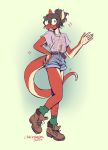  2017 ambiguous_gender belt boots clothing crushthorax cute dragon eyewear footwear glasses legwear nails red_(aixarata) reptile scalie shirt shorts simple_background socks solo sparkles 