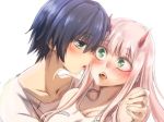  1girl bangs black_hair blue_eyes blush breasts cleavage collarbone commentary couple darling_in_the_franxx eyebrows_visible_through_hair fangs green_eyes hand_on_another's_shoulder herozu_(xxhrd) hetero hiro_(darling_in_the_franxx) horns imminent_kiss long_hair looking_at_another nightgown oni_horns open_mouth pajamas pink_hair red_horns white_nightgown white_pajamas zero_two_(darling_in_the_franxx) 