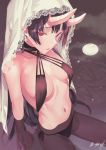  black_hair breasts bridal_veil commentary_request criss-cross_halter furisuku halter_top halterneck highres horns long_hair looking_at_viewer medium_breasts navel oni original parted_lips red_eyes signature sitting solo swimsuit veil very_long_hair 