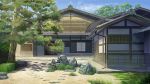  blue_sky commentary_request day grass house japanese_armor naohiro no_humans original outdoors rock scenery sky tree 