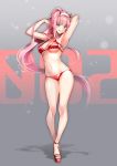  :q arms_up bangs bare_arms bare_shoulders bikini blush breasts closed_mouth commentary_request darling_in_the_franxx eyebrows_visible_through_hair green_eyes high_ponytail horns large_breasts long_hair looking_at_viewer navel pink_hair platform_footwear ponytail red_bikini red_footwear sandals sidelocks smile solo suishougensou swimsuit tongue tongue_out underboob v-shaped_eyebrows very_long_hair zero_two_(darling_in_the_franxx) 