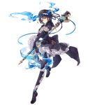 alice_(sinoalice) asymmetrical_legwear black_hair boots elbow_gloves eyebrows_visible_through_hair frilled_skirt frills full_body gloves hat ji_no official_art puffy_sleeves red_eyes ribbon serious short_hair sinoalice skirt solo staff tattoo transparent_background 