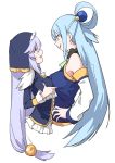  aqua_(konosuba) asymmetrical_docking bare_shoulders blue_eyes blue_hair breast_envy breast_grab breast_press breasts commentary_request cropped_torso detached_sleeves eris_(konosuba) from_side grabbing hair_ornament half-closed_eyes highres kono_subarashii_sekai_ni_shukufuku_wo! long_hair long_sleeves looking_at_another medium_breasts muchi_maro multiple_girls rivalry silver_hair skirt sleeveless small_breasts smile smirk sweatdrop very_long_hair 