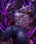  2018 abs anthro areola armwear big_pecs bulge chest_tuft claws clothed clothing detached_sleeves digimon ear_piercing energy fangs front_view fur glowing glowing_eyes half_clothed kneeling leather magic male mind_control multicolored_fur muscular muscular_male nipples nurinaki open_mouth pants pecs piercing purple_eyes purple_fur runes sharp_teeth shoulder_guards skull_and_crossbones solo stitches straps striped_fur stripes teeth topless torn_clothing torn_pants tuft two_tone_fur weregarurumon white_fur 