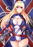  azur_lane blonde_hair blue_eyes breasts cleavage_cutout commentary_request dress eyebrows_visible_through_hair glorious_(azur_lane) gloves hair_between_eyes highres ibara_azuki large_breasts long_hair long_sleeves machinery military military_uniform rigging solo thighhighs uniform union_jack very_long_hair white_gloves white_legwear 