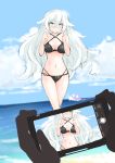  bare_shoulders beach bikini black_bikini black_heart blue_eyes blush breasts cleavage day highres long_hair looking_at_viewer navel neptune_(series) ocean out_of_frame outdoors purerin solo_focus swimsuit symbol-shaped_pupils very_long_hair white_hair 