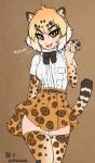  2017 animal_humanoid blonde_hair blush bow_tie breasts clothed clothing dialogue feline female fluff-kevlar fur hair humanoid jaguar_(kemono_friends) jaguar_humanoid kemono_friends legwear looking_at_viewer mammal multicolored_hair open_mouth ribbons shirt short_hair simple_background skirt smile solo spots spotted_tail stockings text thigh_highs yellow_eyes 