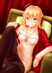  ahoge black_legwear blonde_hair braid chair commentary_request fate/extra fate_(series) french_braid green_eyes grin highres jewelry long_hair looking_at_viewer necklace nero_claudius_(fate) nero_claudius_(fate)_(all) off-shoulder_sweater pantyhose pantyhose_under_shorts ribbed_sweater shawl shinachiku_(uno0101) shorts smile solo sweater 