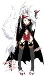  animal_ears black_legwear breasts claws cleavage commentary_request creature dated hair_over_one_eye konshin large_breasts long_hair monster_girl original oversized_forearms oversized_limbs parted_lips pelvic_curtain red_eyes signature simple_background solo tail thighhighs white_background white_hair 