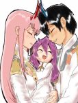  1boy 2girls bangs black_hair blossomppg blue_horns carrying couple darling_in_the_franxx eyebrows_visible_through_hair eyes_closed fringe hetero hiro_(darling_in_the_franxx) horns long_hair military military_uniform multiple_girls oni_horns pink_hair purple_hair red_horns short_hair tears uniform zero_two_(darling_in_the_franxx) 